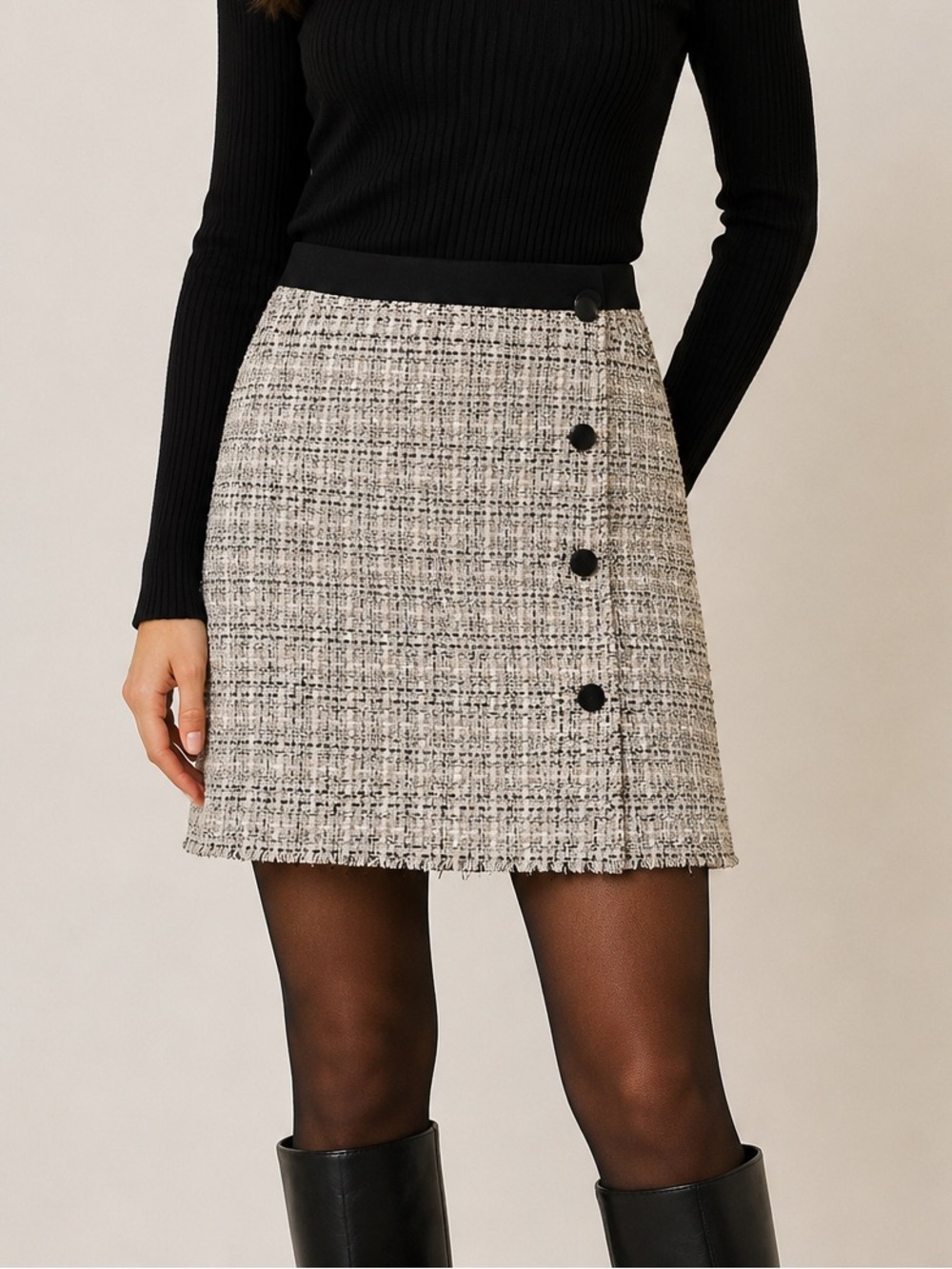 Ann Taylor Bouclé Tweed Mini Skirt Size 8 Fringe Hem